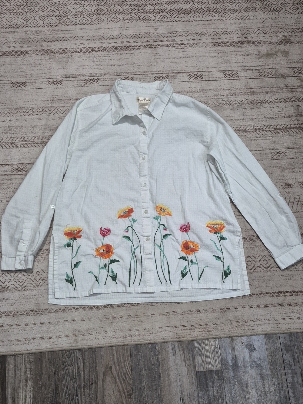 Bobbie Brooks White Button-Down Shirt with Embroidered Floral Hem